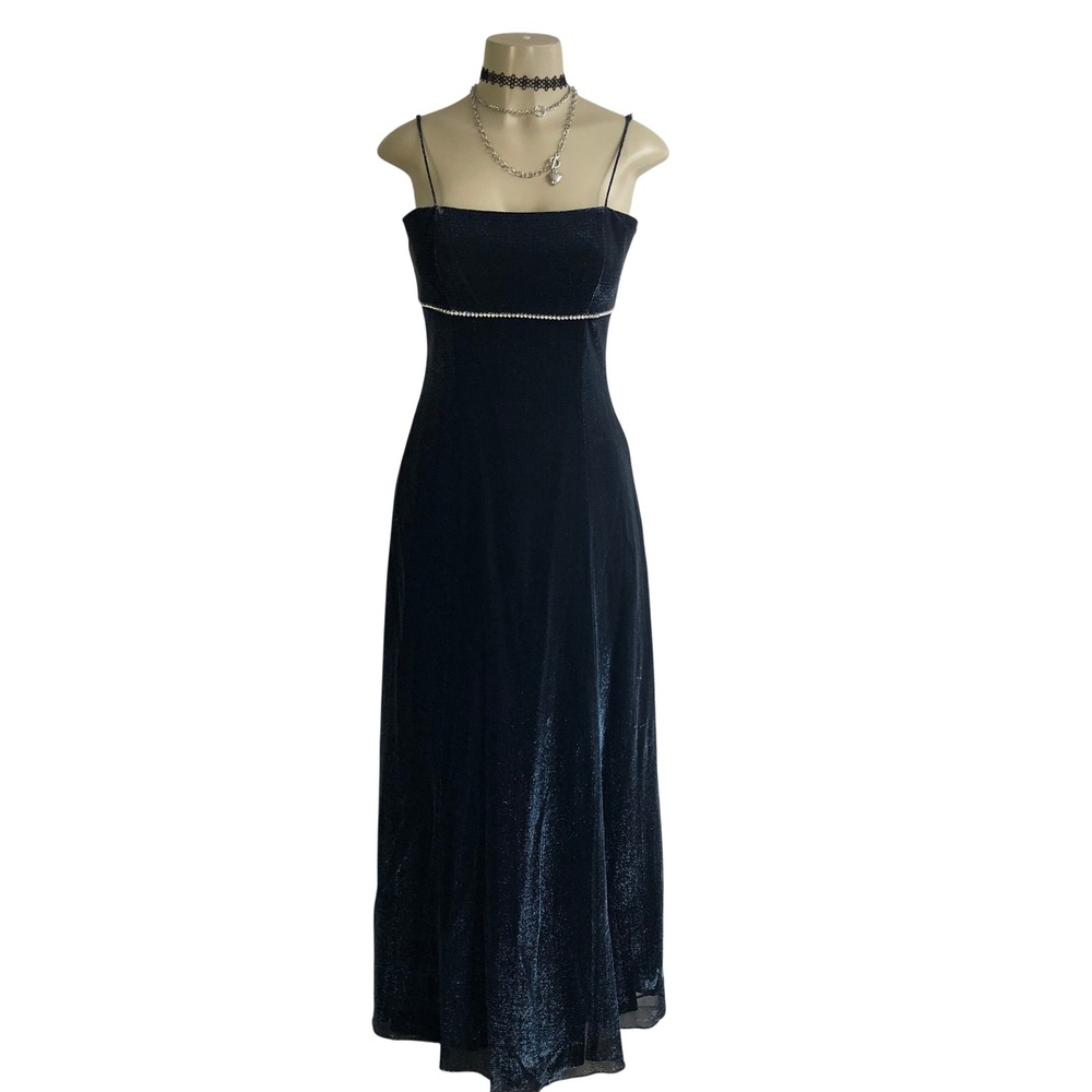 VTG Y2K Jump Apparel Glitter Navy Blue Open Back Maxi Dress Rhinestone Sz 7/8